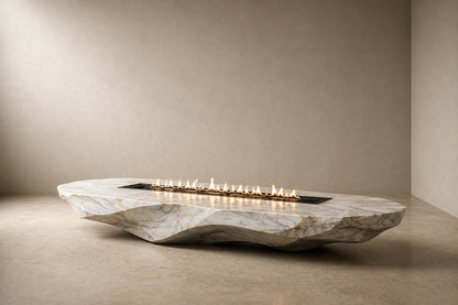 Calacatta marble fire table Onara 220, white with gold and grey veining, on a pale stone floor.