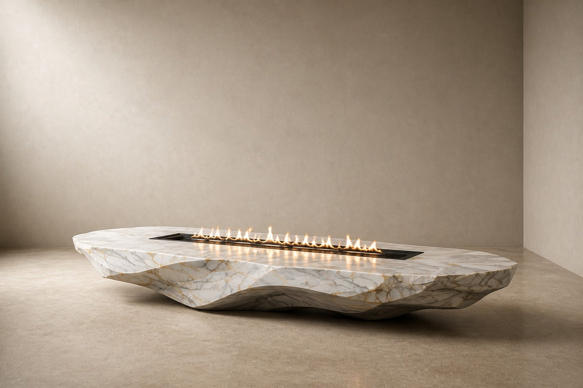 Onara 220 marble fireplace, three-quarter studio view showing its profile