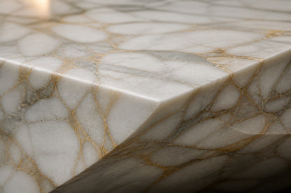Calacatta marble fire table Onara 220, white with gold and grey veining, on a pale stone floor.