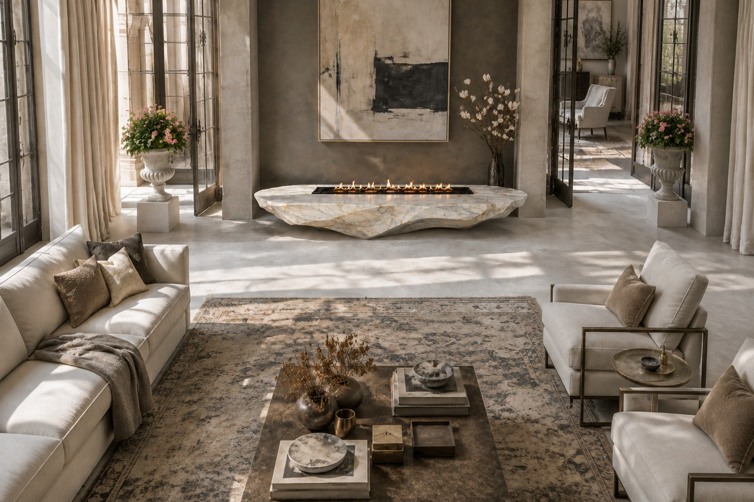 Calacatta marble fire table Onara 220, white with gold and grey veining, on a pale stone floor.