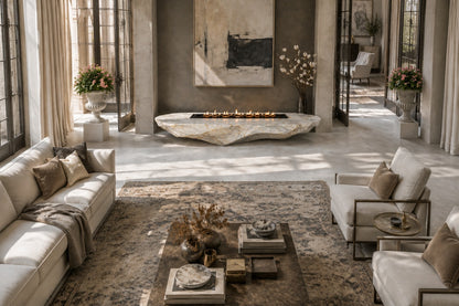 Calacatta marble fire table Onara 220, white with gold and grey veining, on a pale stone floor.
