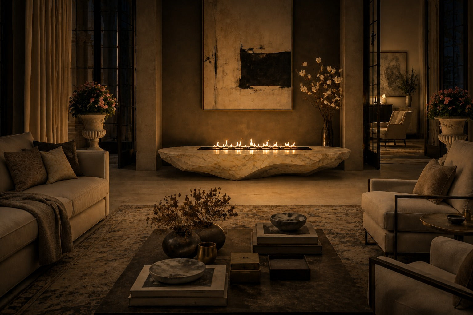 Calacatta marble fire table Onara 220, white with gold and grey veining, on a pale stone floor.