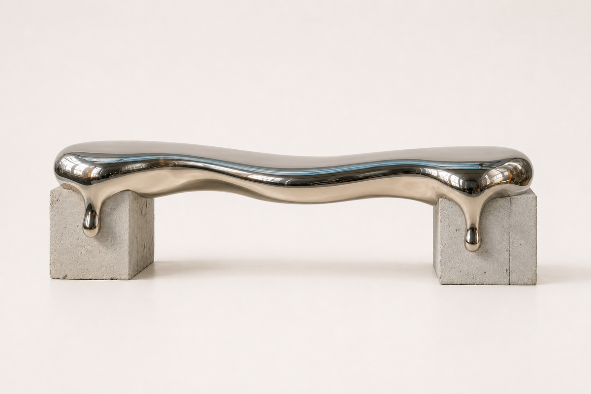 Onda stainless steel sculptural bench, studio view of the whole piece