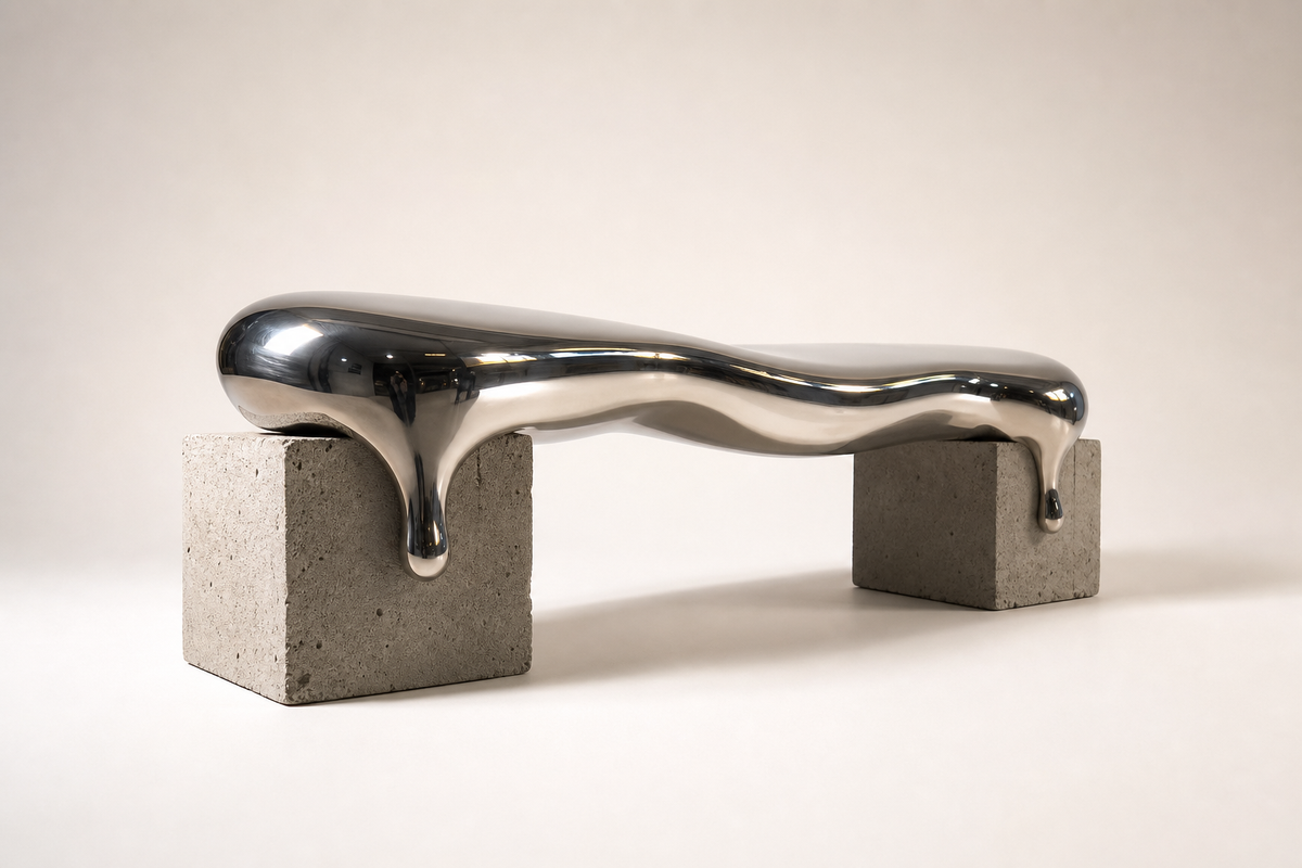 Onda stainless steel sculptural bench, three-quarter studio view showing its profile