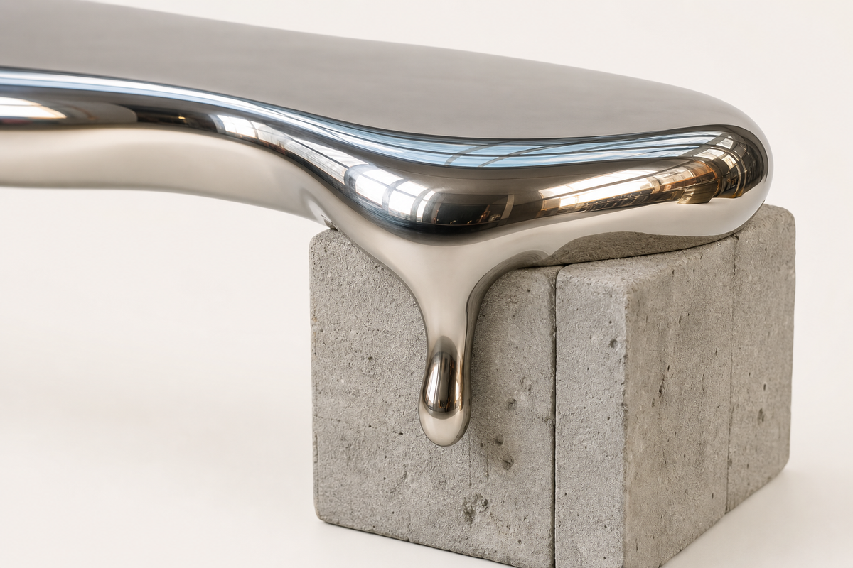 Onda stainless steel sculptural bench, close studio detail of the surface and material