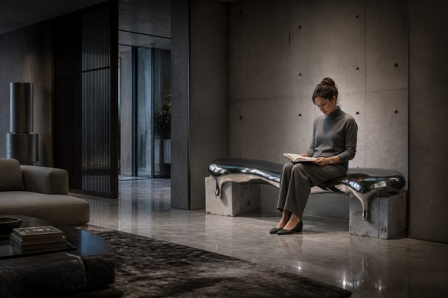 Onda stainless steel sculptural bench, shown in a room setting, at full scale