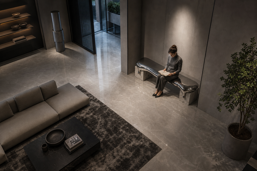 Onda stainless steel sculptural bench, overhead view in a room setting