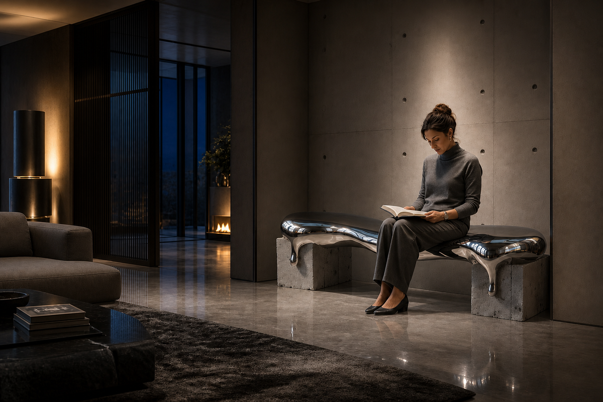 Onda stainless steel sculptural bench, in a room setting under evening light