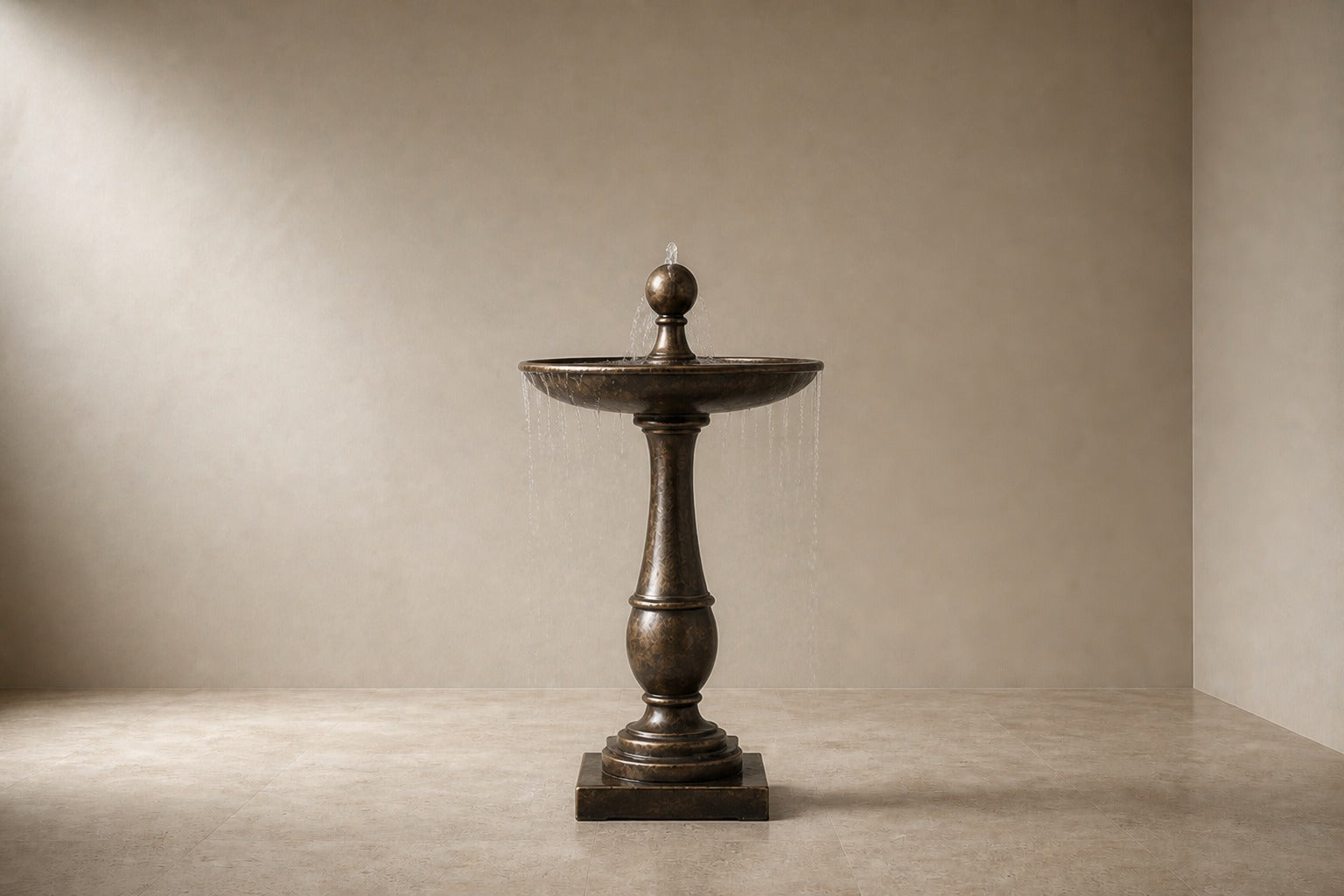 Stone pedestal fountain Ondala Ø65, warm mottled bronze, on a pale stone floor.
