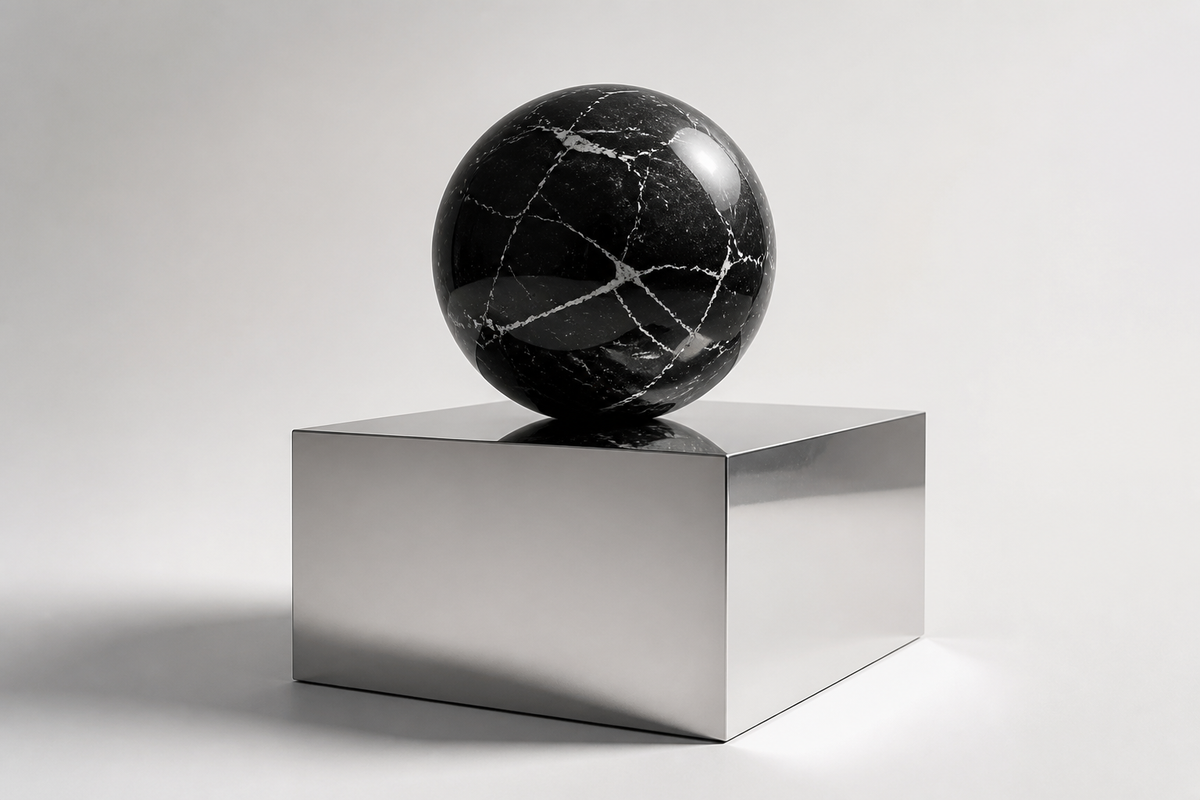 ORBIT I — Sphere on Mirror Plinth stainless steel sculpture, three-quarter studio view showing its profile