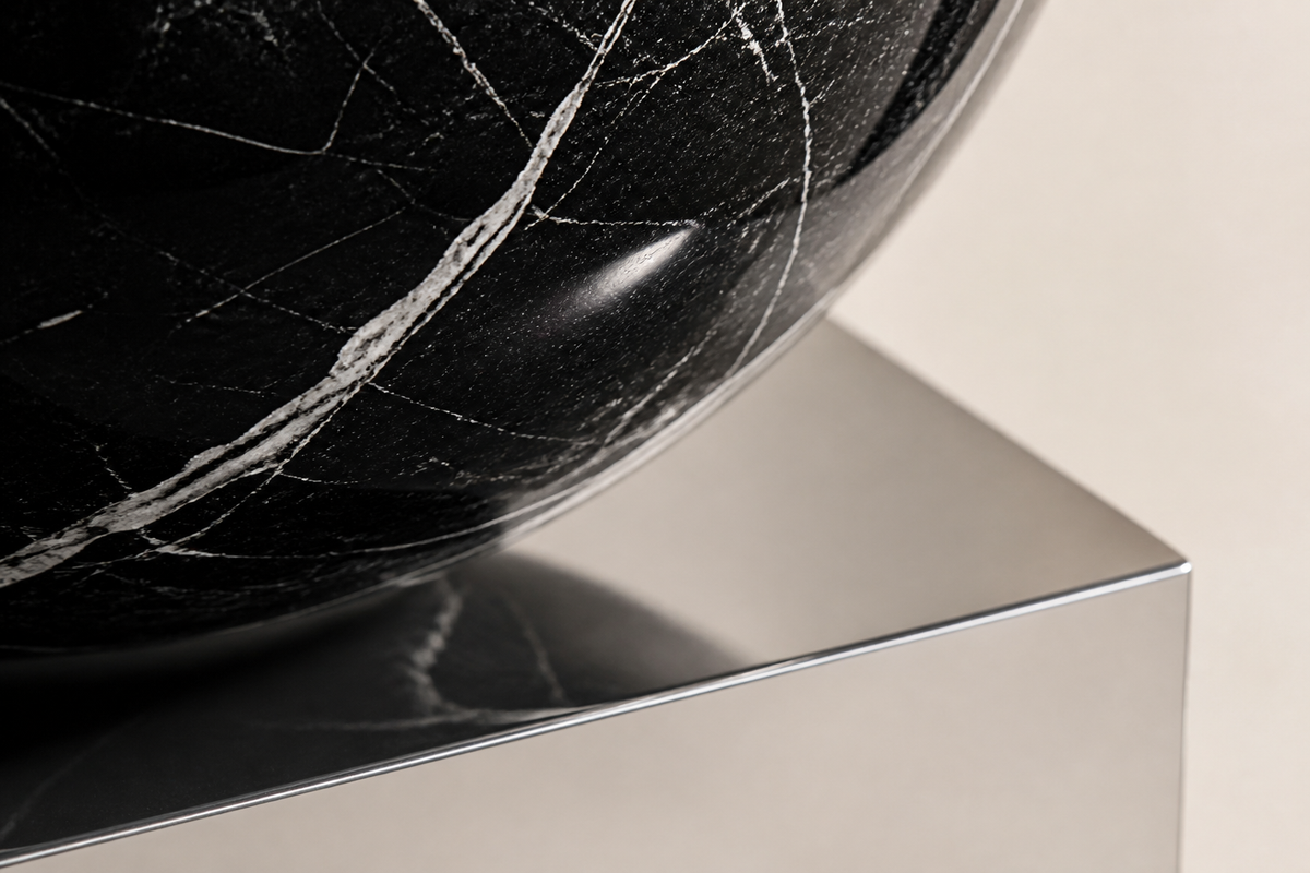 ORBIT I — Sphere on Mirror Plinth stainless steel sculpture, close studio detail of the surface and material