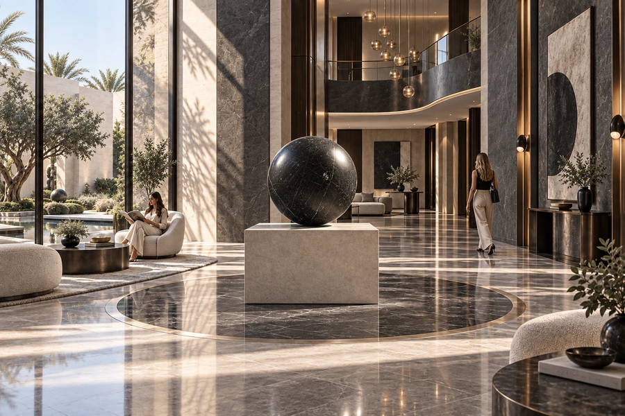 ORBIT I — Sphere on Mirror Plinth stainless steel sculpture, shown in a room setting, at full scale