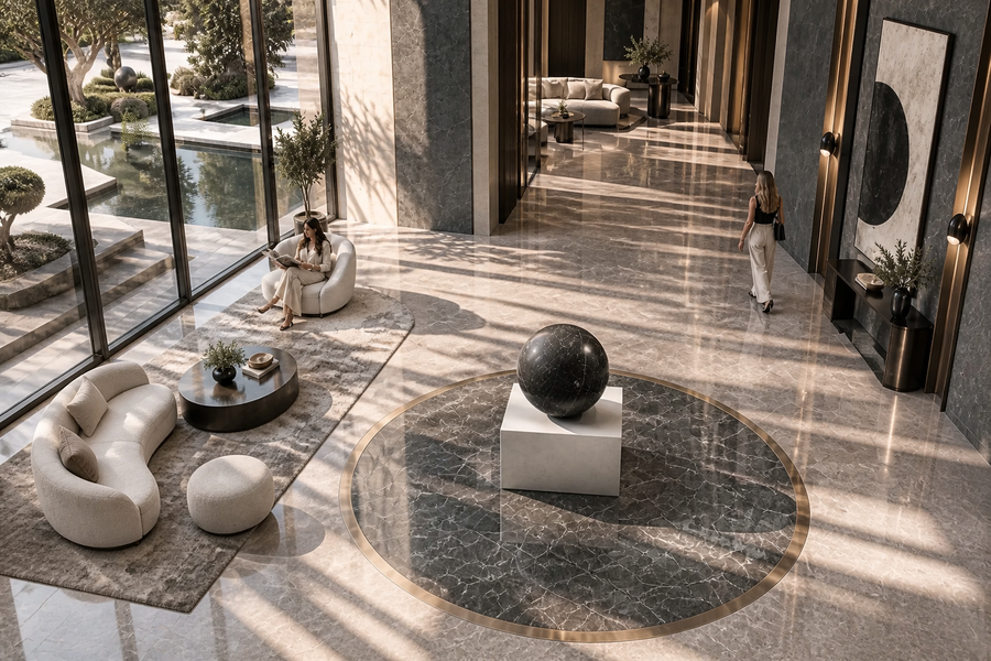 ORBIT I — Sphere on Mirror Plinth stainless steel sculpture, overhead view in a room setting