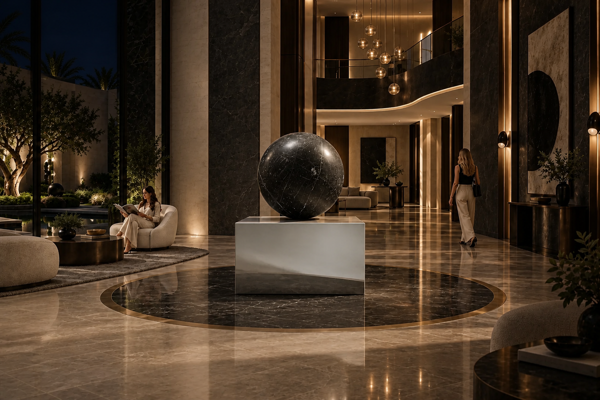 ORBIT I — Sphere on Mirror Plinth stainless steel sculpture, in a room setting under evening light