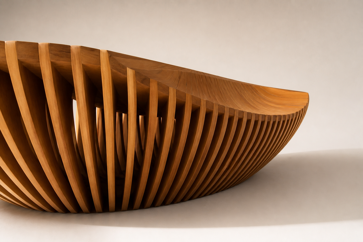 ORBITA PARAMETRIC BENCH XIX, three-quarter studio view showing its profile