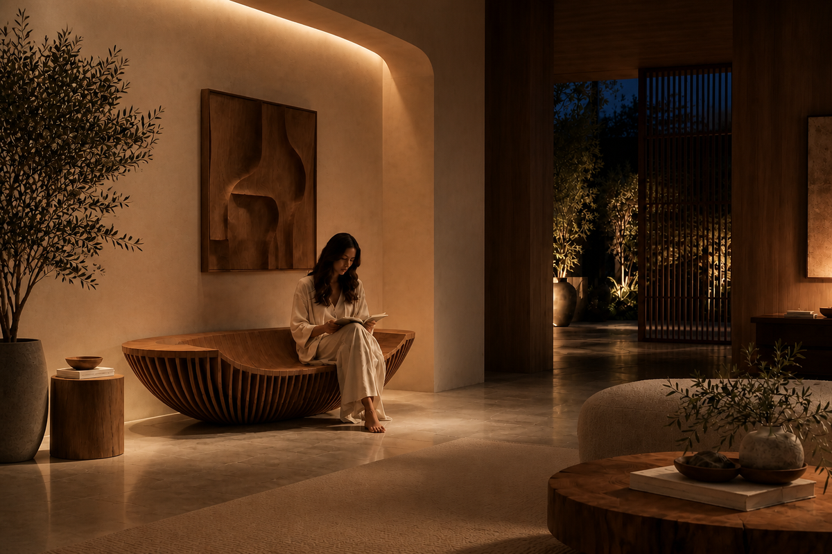 ORBITA PARAMETRIC BENCH XIX, in a room setting under evening light