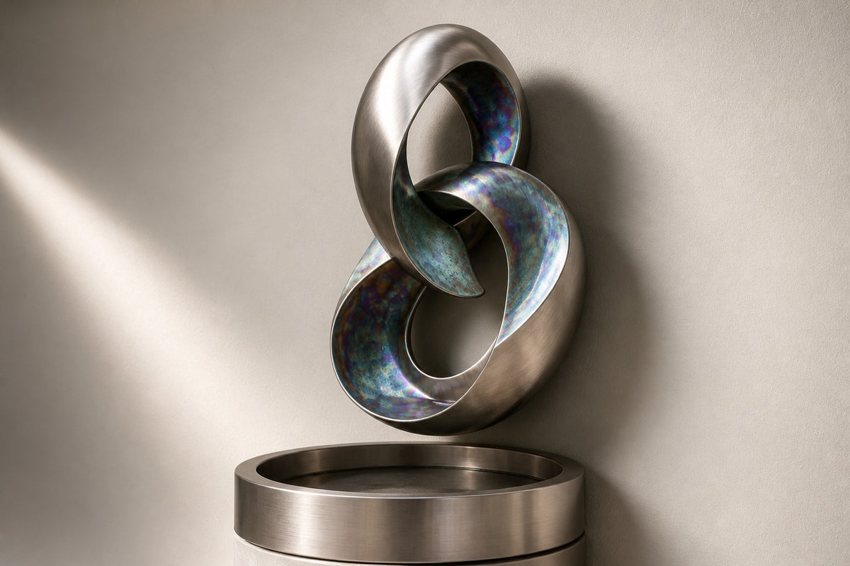 Orin — iridescent ribbon wall fountain, studio side angle showing its depth