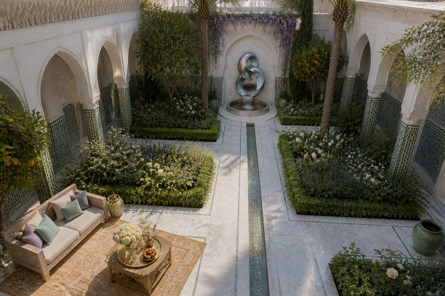 Orin — iridescent ribbon wall fountain, seen from above in the setting