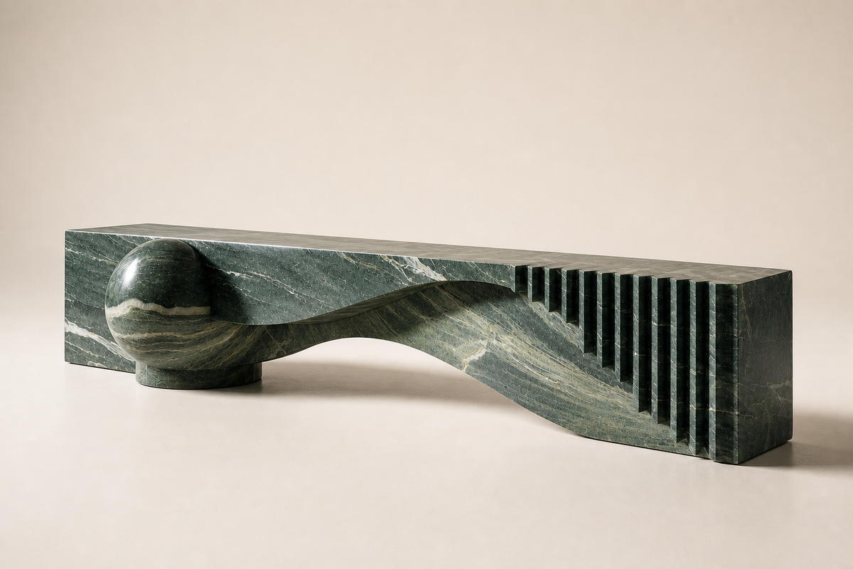 Otium marble sculptural bench, three-quarter studio view showing its profile