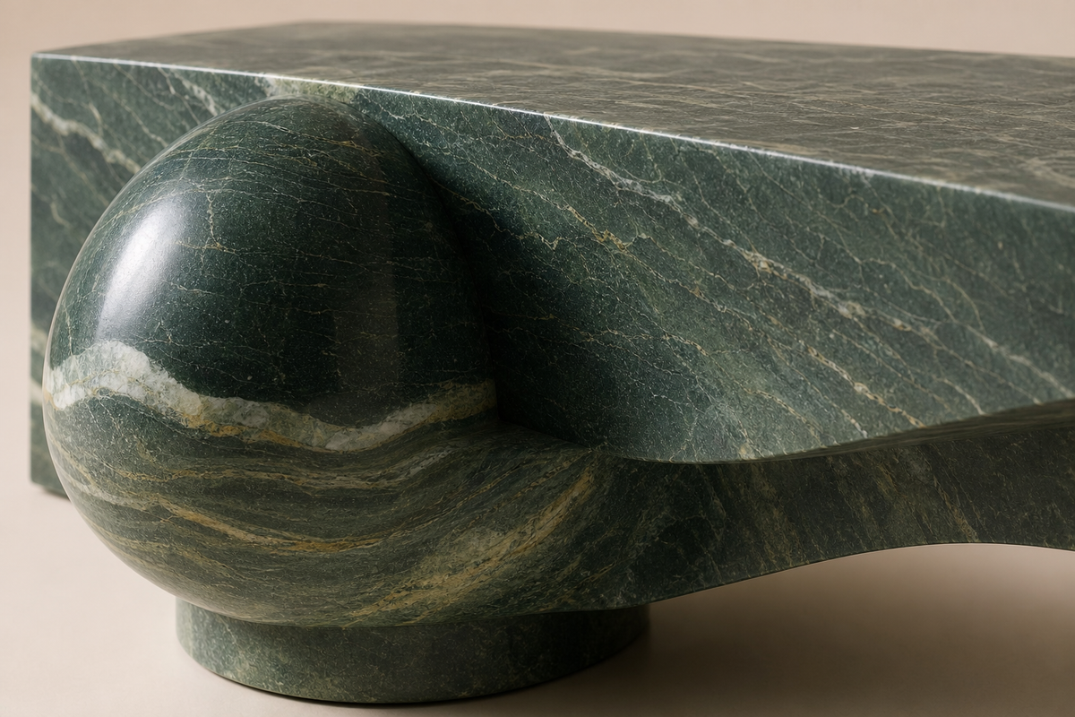 Otium marble sculptural bench, close studio detail of the surface and material