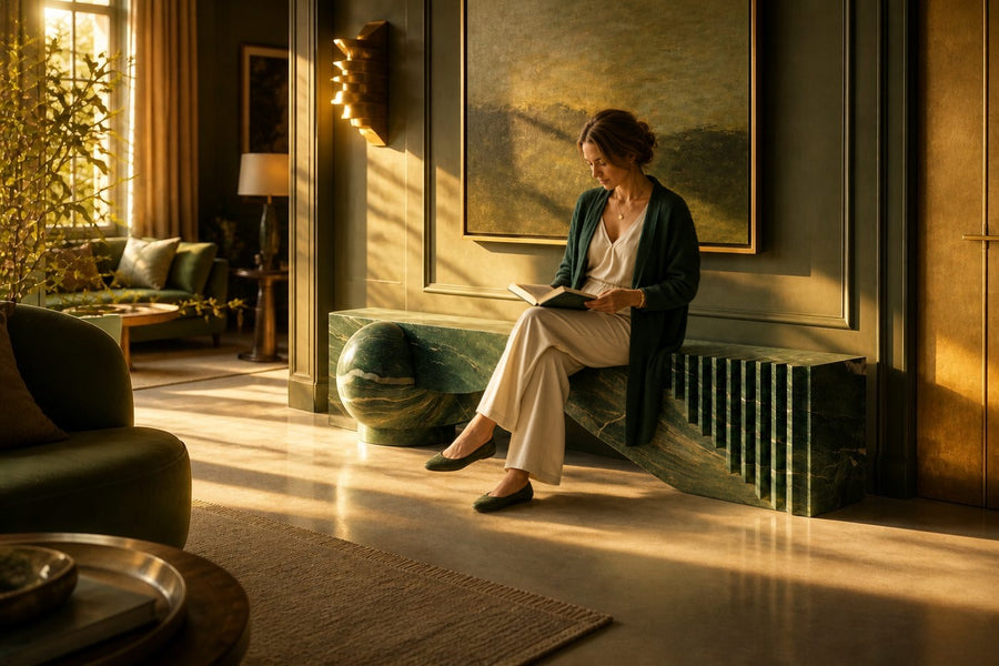 Otium marble sculptural bench, shown in a room setting, at full scale