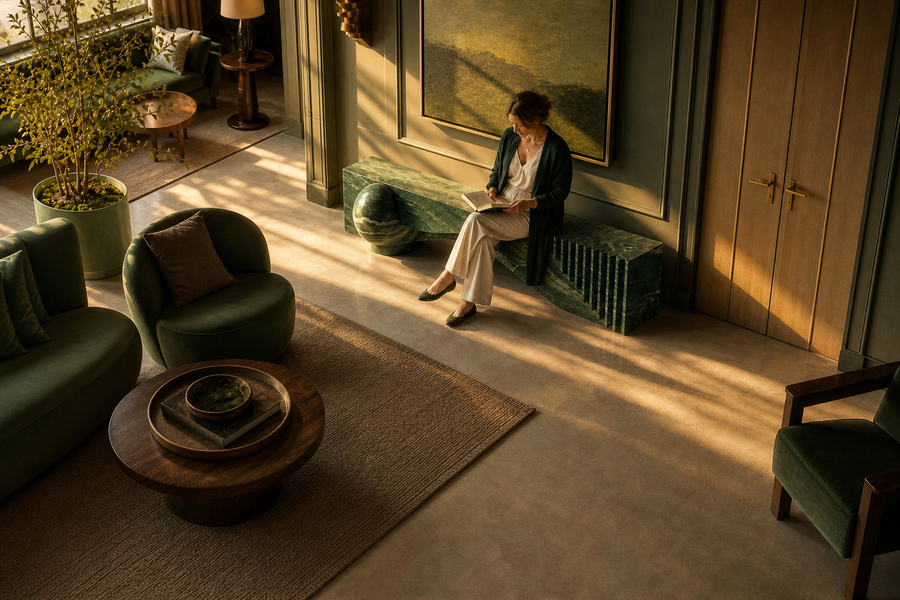 Otium marble sculptural bench, overhead view in a room setting