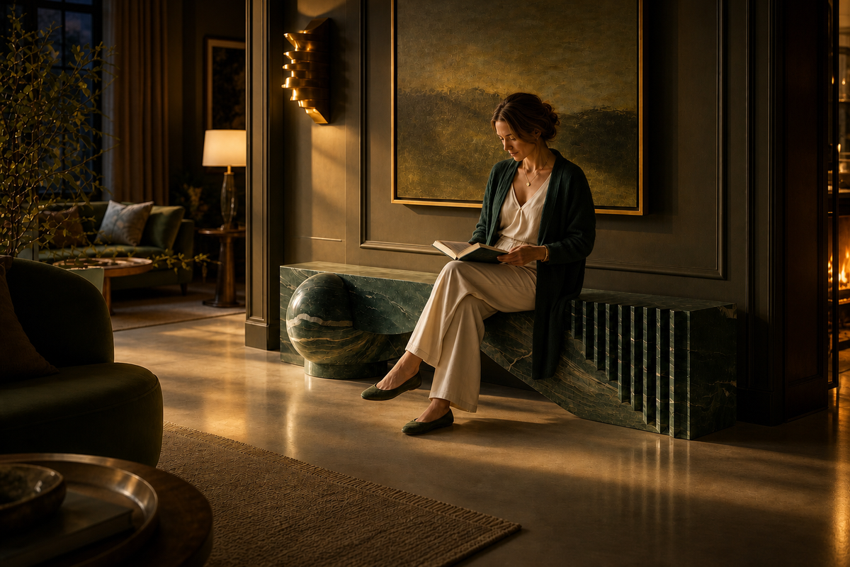 Otium marble sculptural bench, in a room setting under evening light