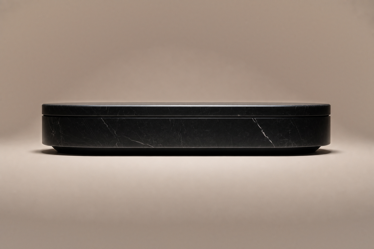 Oval Plinth Base Narrow black marble plinth base by 1-OPH, side elevation