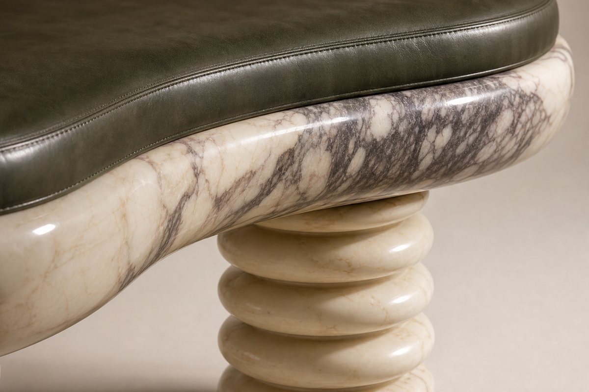 Ozio marble sculptural bench, close studio detail of the surface and material