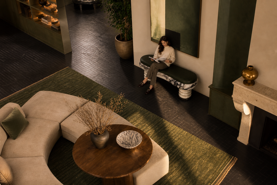 Ozio marble sculptural bench, overhead view in a room setting