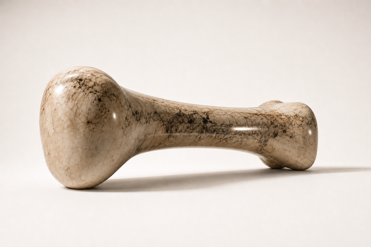 Pausa stone sculptural bench, three-quarter studio view showing its profile