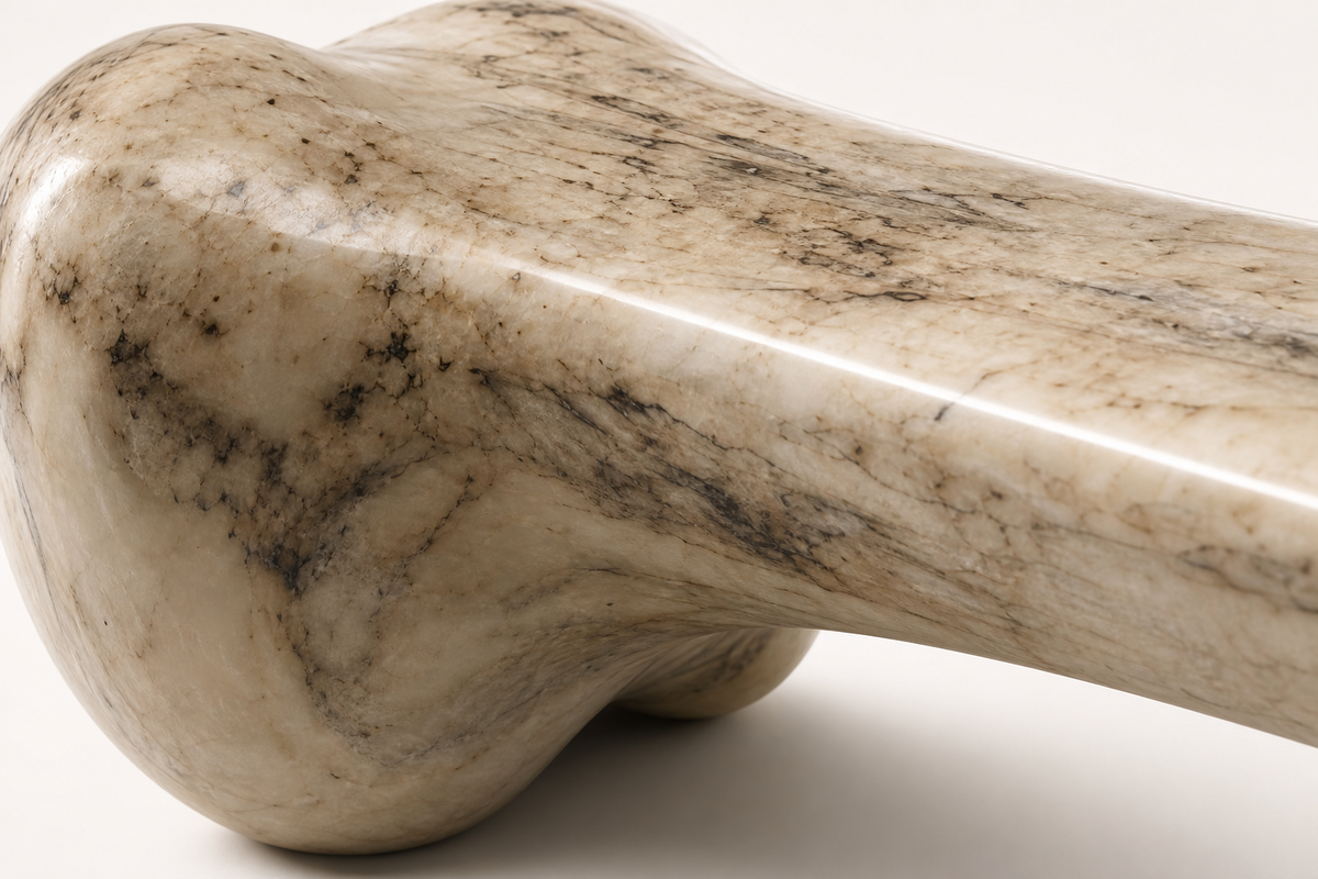 Pausa stone sculptural bench, close studio detail of the surface and material