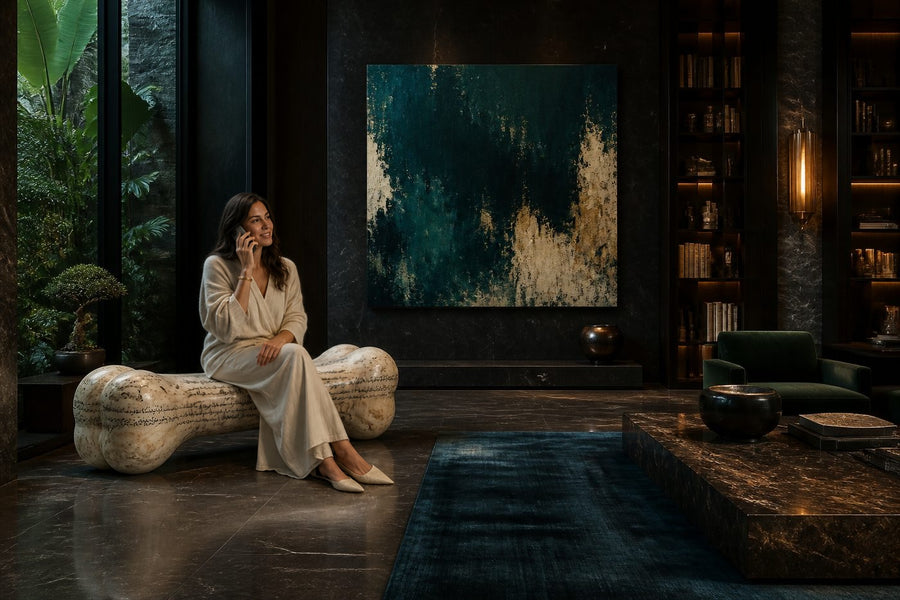 Pausa stone sculptural bench, shown in a room setting, at full scale