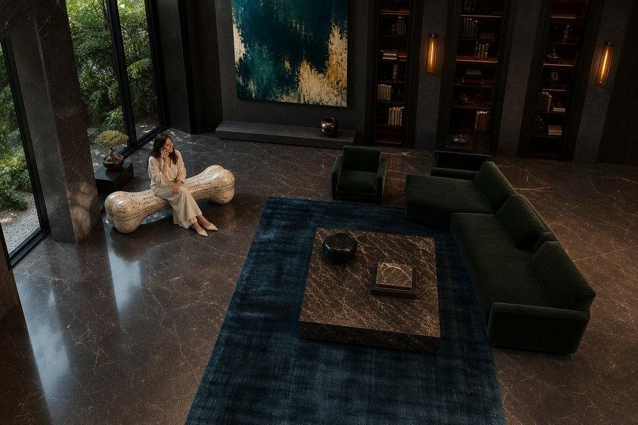 Pausa stone sculptural bench, overhead view in a room setting