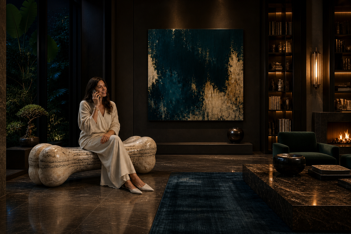 Pausa stone sculptural bench, in a room setting under evening light
