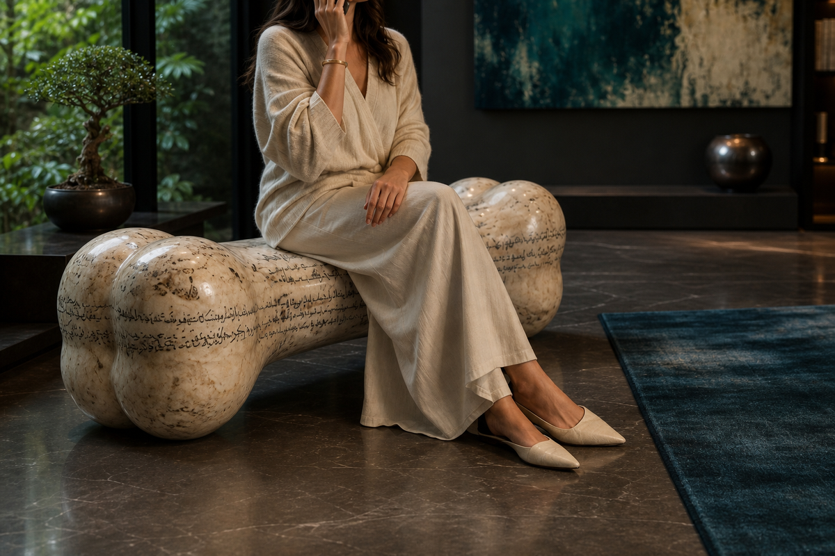 Pausa stone sculptural bench, close view of the form in its setting