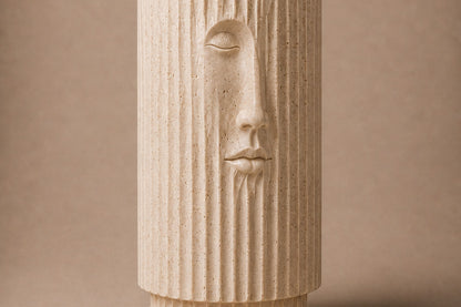 Fluted cream travertine drum on a round moulded foot, with a face carved through the flutes.