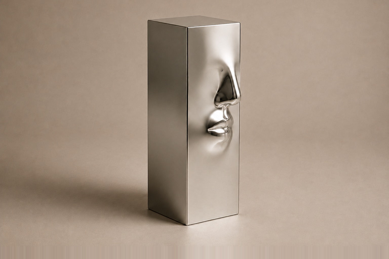 Tall mirror-polished stainless steel pedestal with a nose and mouth formed seamlessly out of one face.