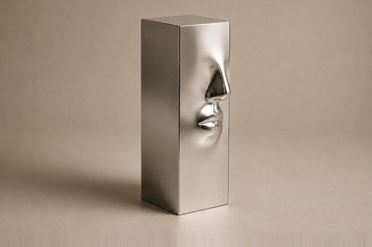 Tall mirror-polished stainless steel pedestal with a nose and mouth formed seamlessly out of one face.