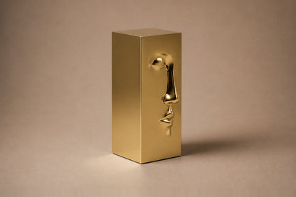 Tall gold PVD pedestal with a closed eye, nose and mouth formed seamlessly out of one face.