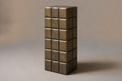 Tall antique bronze column built as a grid of raised cushioned panels.