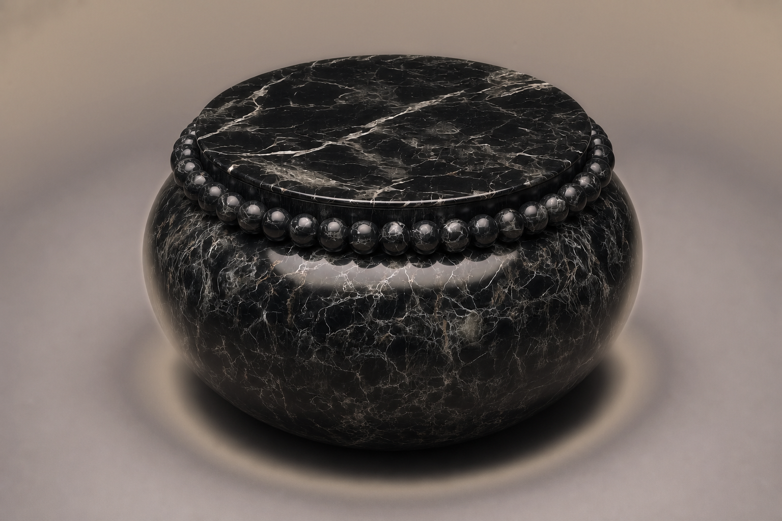 Beaded Pillow Base Wide black marble plinth base by 1-OPH, three-quarter studio view
