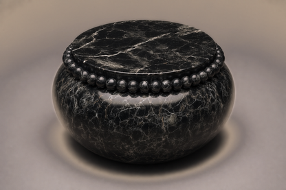 Beaded Pillow Base Wide black marble plinth base by 1-OPH, three-quarter studio view