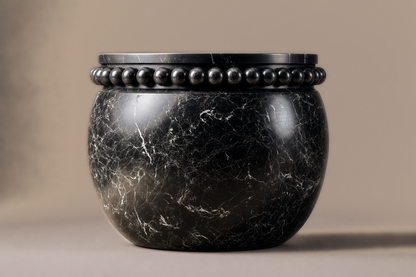 Beaded Pillow Base Globe black marble plinth base by 1-OPH, side elevation