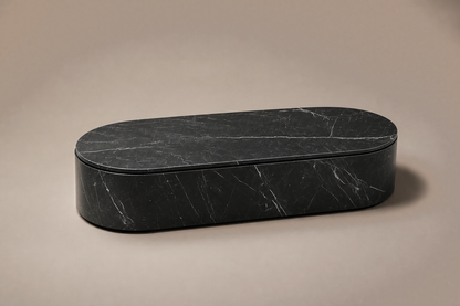 Capsule Base black marble plinth base by 1-OPH, three-quarter studio view