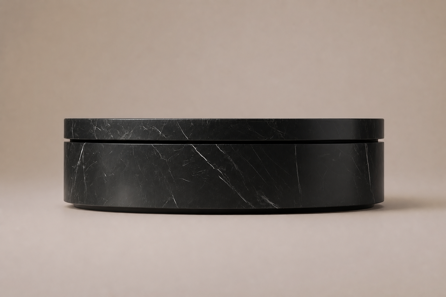 Circular Shadow-Gap Base Disc black marble plinth base by 1-OPH, side elevation