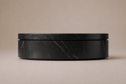 Circular Shadow-Gap Base Disc black marble plinth base by 1-OPH, side elevation