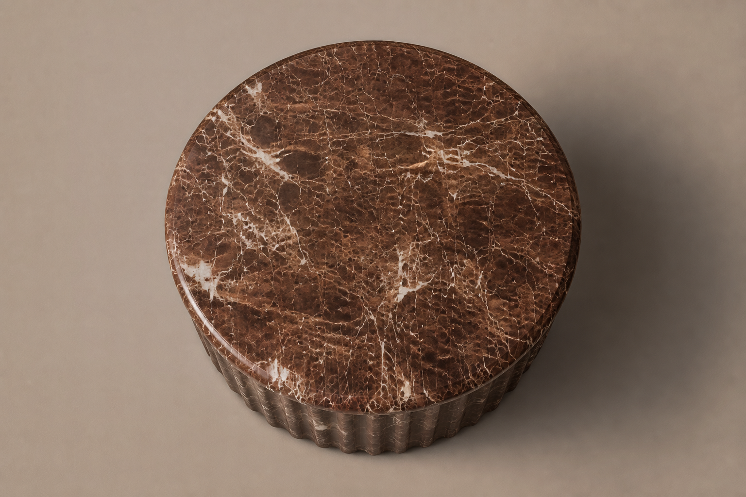 Emperador Fluted Drum Tall emperador dark marble plinth base by 1-OPH, overhead view