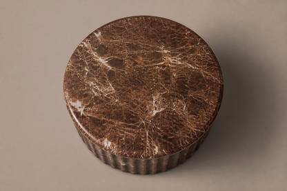 Emperador Fluted Drum Tall emperador dark marble plinth base by 1-OPH, overhead view