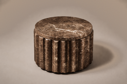 Emperador Fluted Drum Low emperador dark marble plinth base by 1-OPH, three-quarter studio view